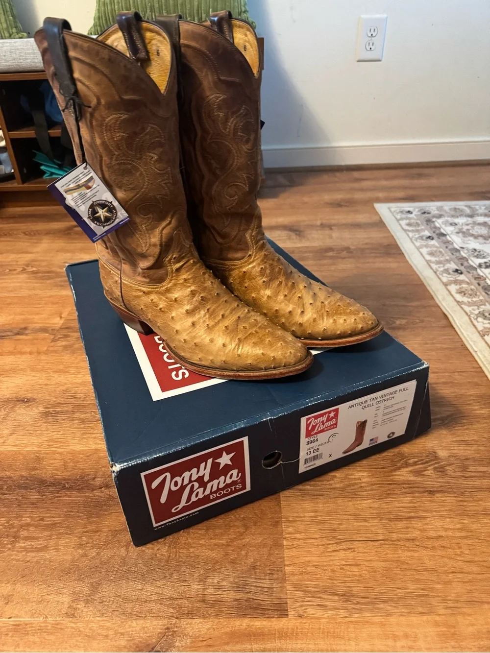 Tony Lama Full Quill Ostrich Cowboy Boots- Antique Tan Mens 13